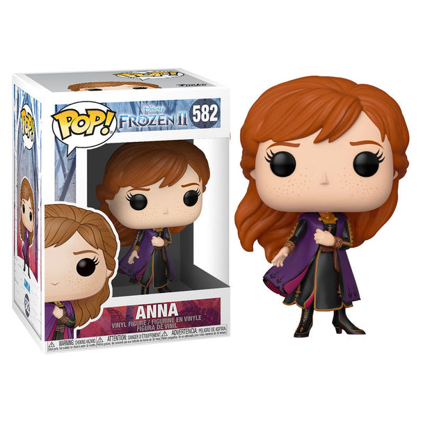 Figurine Funko POP Anna de Frozen 2 en vinyle, hauteur 9 cm, vue de face dans sa boîte vitrine transparente