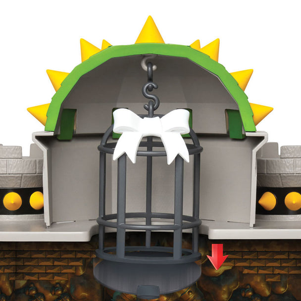 Vue d'ensemble du playset Mario Bros Deluxe Château de Bowser avec ses accessoires inclus