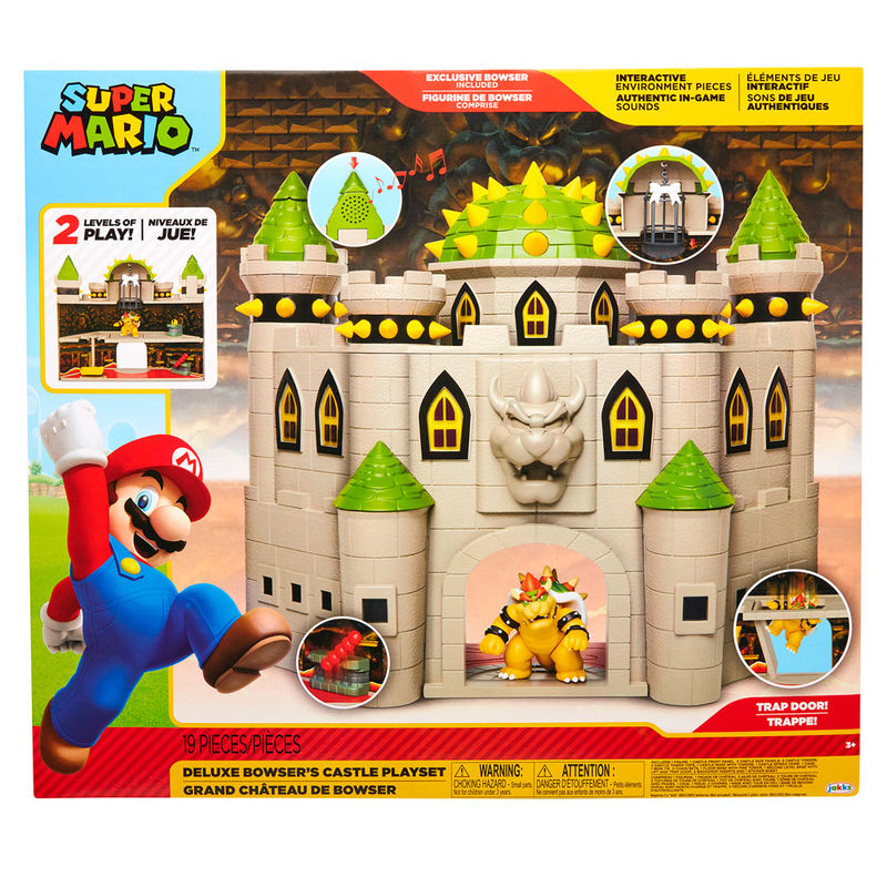 Playset Mario Bros Deluxe Château de Bowser installé sur une étagère de collection