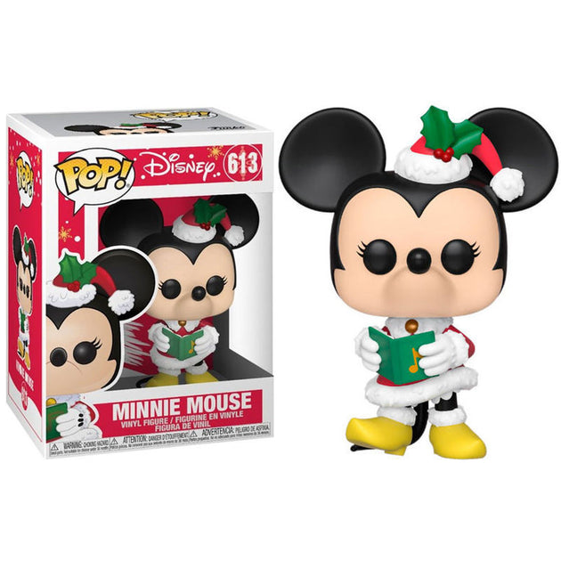 Vue rapprochée de la figurine Funko POP Minnie Mouse Disney Holiday avec détails festifs et boîte cadeau
