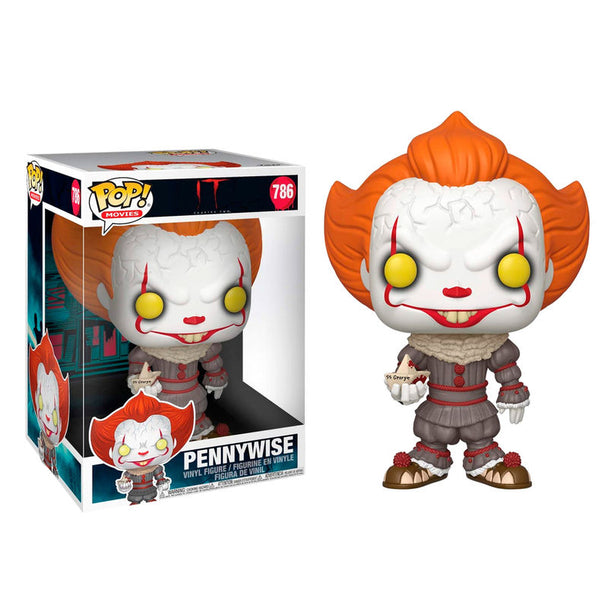 Figurine Funko POP Pennywise avec bateau en papier IT Chapitre 2, vue de face dans sa boîte vitrine