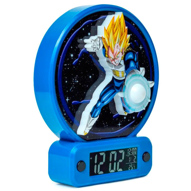 Réveil Dragon Ball Z Vegeta affichant l'heure, la date et la température ambiante sur son écran numérique