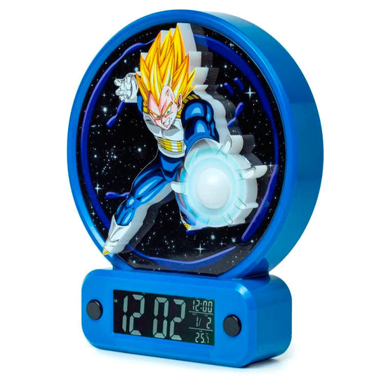 Vue de profil du réveil TEKNOFUN Dragon Ball Z Vegeta montrant le design détaillé du personnage et son écran lumineux