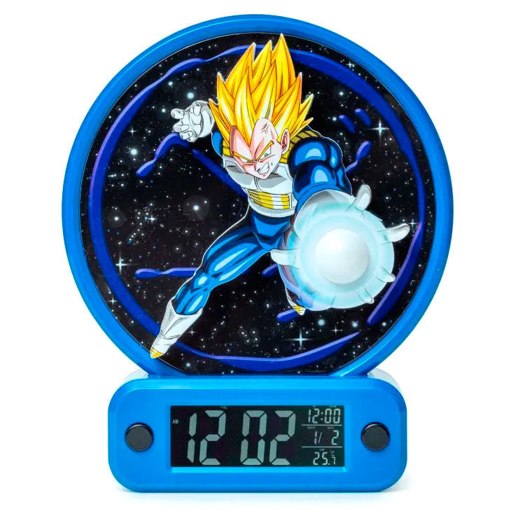 Photo rapprochée du cadran du réveil Vegeta avec indication claire de l'heure, la date et la température intérieure