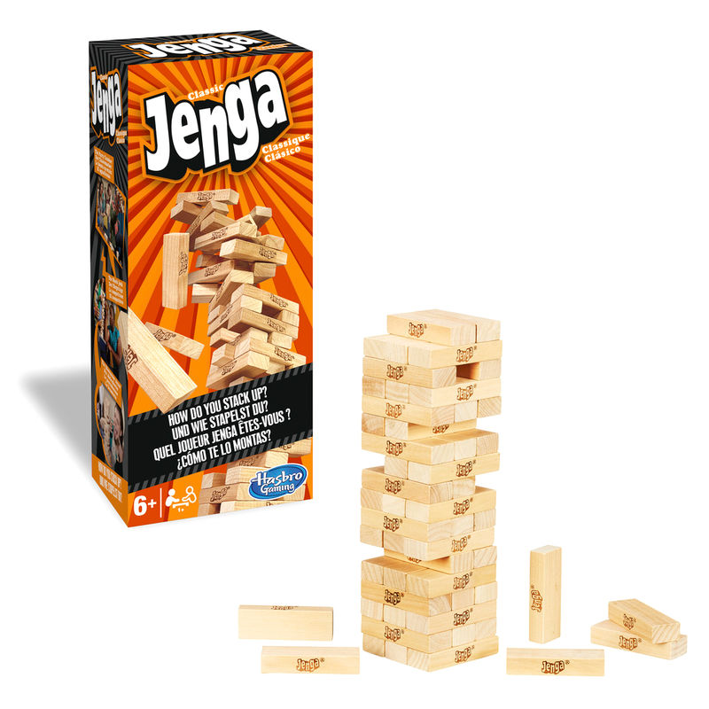 Boîte du jeu Jenga Hasbro avec logo et visuel des blocs en bois naturels