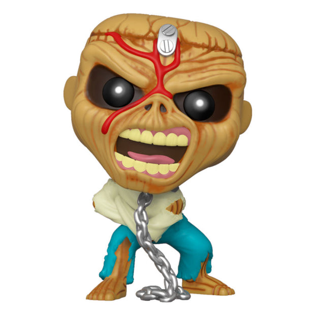Figurine Funko POP de 9 cm représentant Eddie d'Iron Maiden avec un casque de prisonnier sur fond blanc