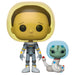 Figurine Funko POP Morty en combinaison spatiale avec serpent, vue de face dans sa boîte vitrine transparente