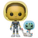 Figurine Funko POP Morty en combinaison spatiale avec serpent, vue de face dans sa boîte vitrine transparente