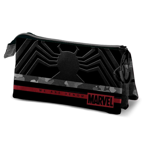 Trousse triple compartiment Marvel Venom Monster de marque KARACTERMANIA, dimensions 23,5x5x11 cm, design noir avec illustration Venom.