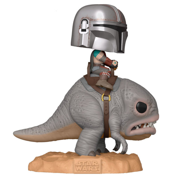 Figurine POP FUNKO de The Mandalorian sur sa monture Blurg vue de face avec détails précis