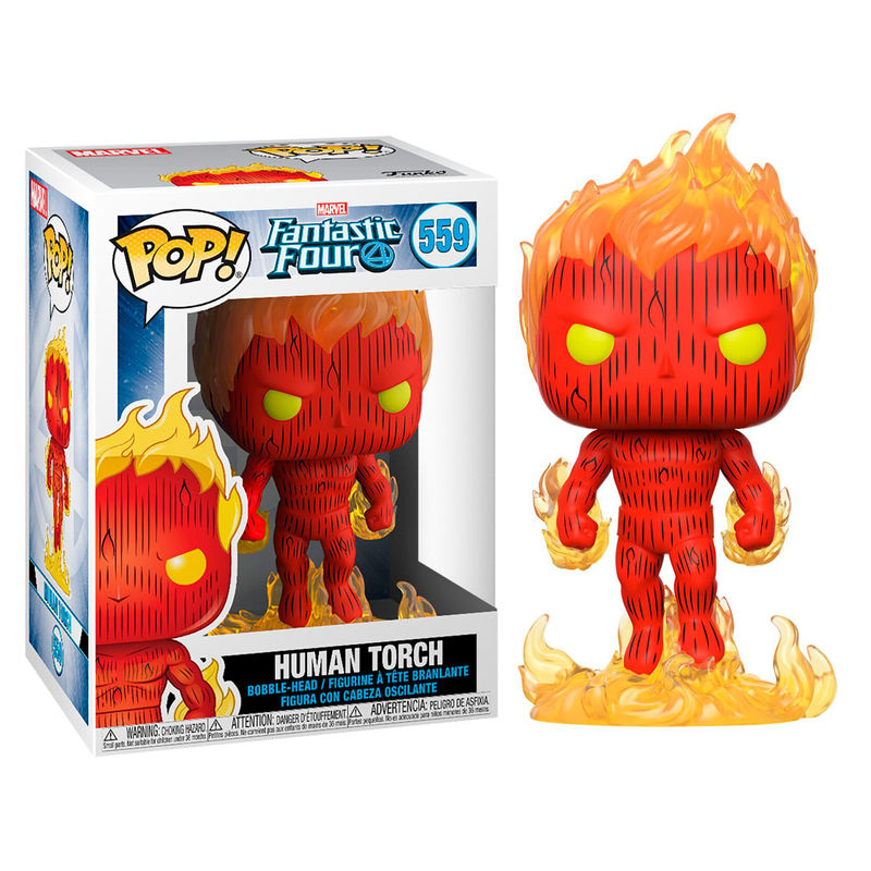 Figurine Funko POP Human Torch de Marvel Fantastic Four en vinyle, 9 cm, présentée dans sa boîte vitrine transparente