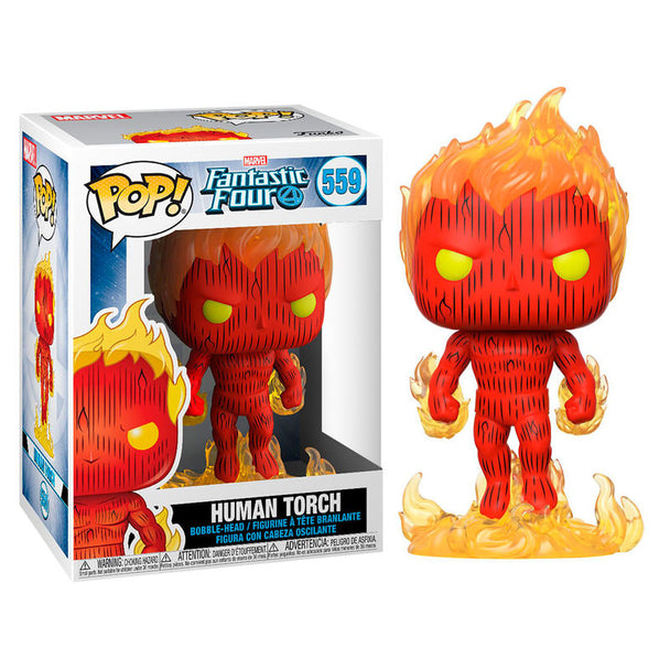 Figurine Funko POP Human Torch de Marvel Fantastic Four en vinyle, 9 cm, présentée dans sa boîte vitrine transparente