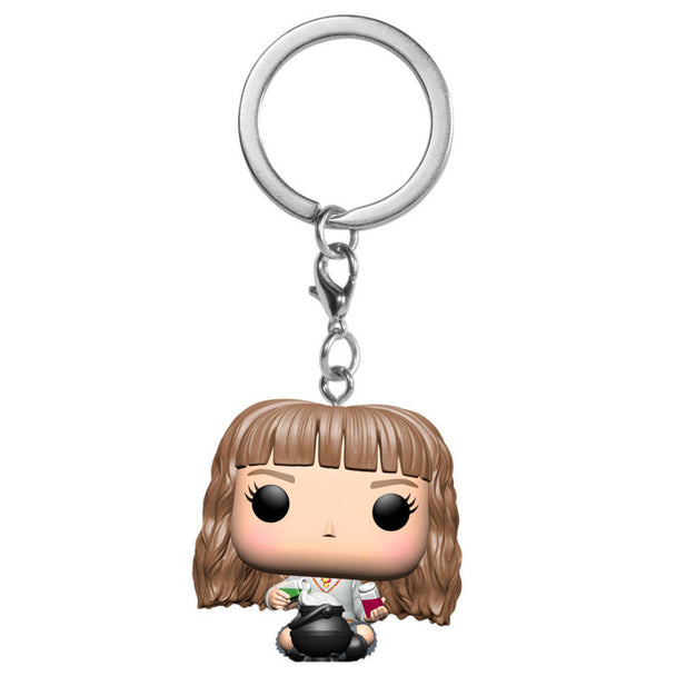 Vue rapprochée du porte-clés Hermione Pocket POP montrant les détails des potions et du visage