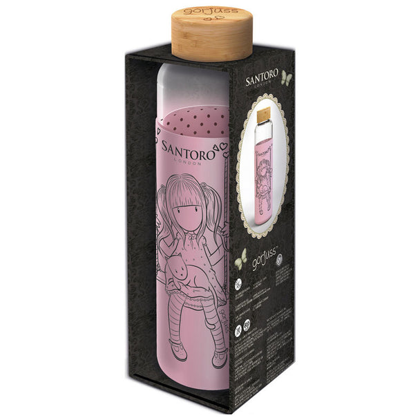 Gourde en verre 585ml avec étui silicone Gorjuss de la marque STOR sur fond blanc, présentée dans sa boîte cadeau.