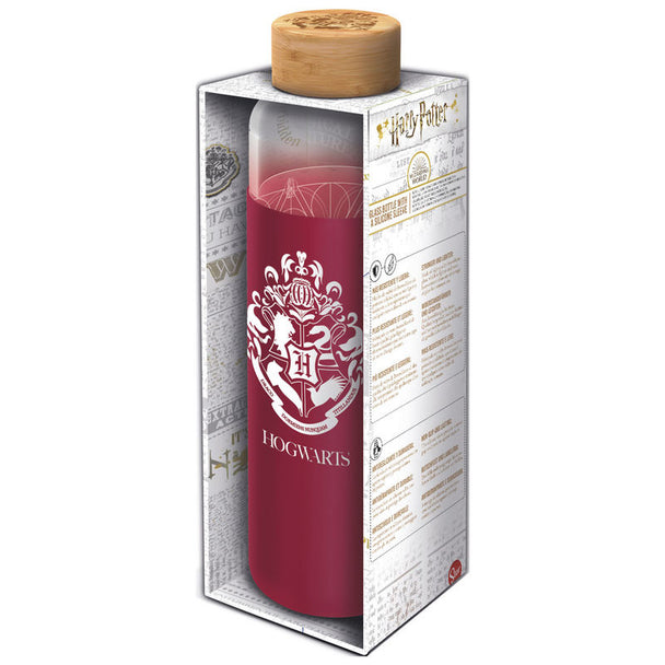 Bouteille Harry Potter en verre 585ml avec étui en silicone rouge sur fond blanc