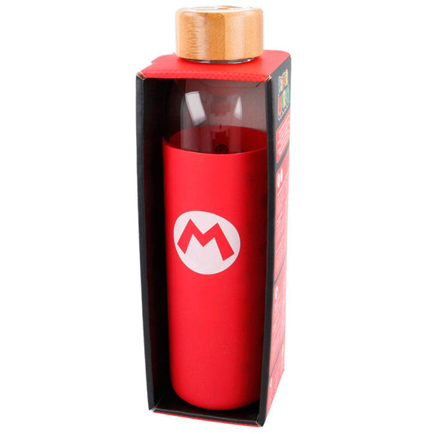 Bouteille en verre 585ml avec coque en silicone décorée Super Mario Bros, marque STOR, présentée dans sa boîte cadeau.