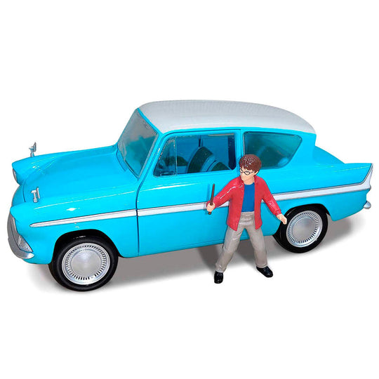 Vue de face de la Ford Anglia Harry Potter avec portes ouvertes et détails métalliques