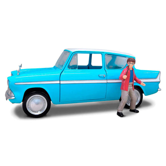 Ensemble complet : voiture Ford Anglia et figurine Harry Potter sur fond blanc