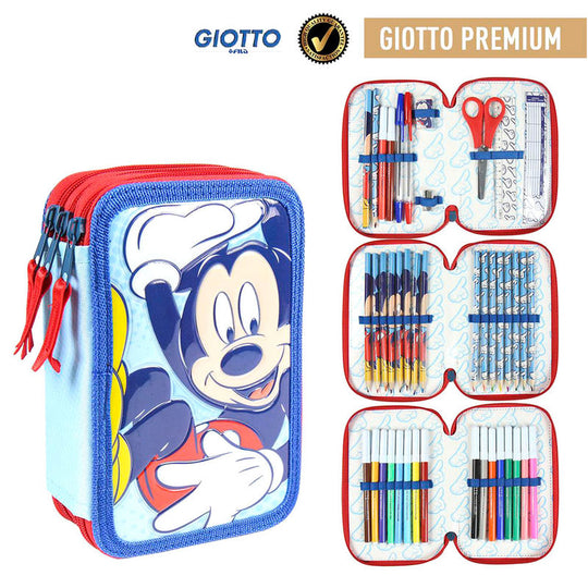Trousse triple Mickey Giotto CERDÁ posée sur un bureau avec fournitures scolaires