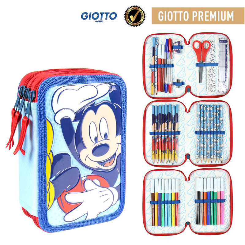 Trousse triple Mickey Giotto CERDÁ posée sur un bureau avec fournitures scolaires