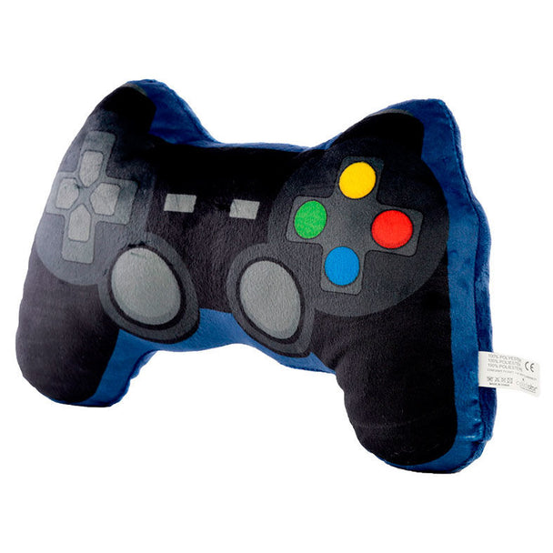 Détail du coussin Game Over montrant la texture douce et les boutons de la manette en peluche
