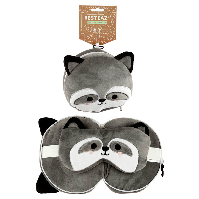 Coussin de voyage rond Relaxeazzz Raccoon de marque PUCKATOR avec masque de sommeil, taille 17 cm.