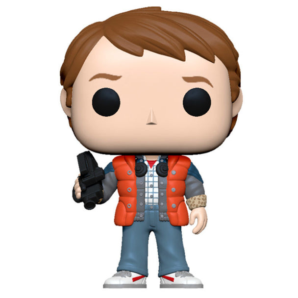 Figurine Funko POP Doc Marty en gilet gonflé Retour vers le Futur présentée dans sa boîte vitrine de 9 cm