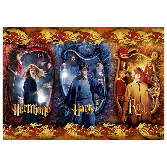 Boîte du puzzle Harry Potter CLEMENTONI avec l’image de Harry, Ron et Hermione, dimensions 34,3x24,3x3,5 cm.
