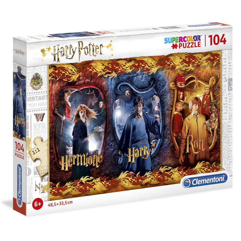 Puzzle assemblé Harry Potter 104 pièces représentant Harry, Ron et Hermione, taille 48,5x33,5 cm.