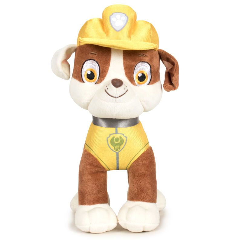 Peluche Rubble de la Pat'Patrouille de couleur jaune, mesurant 19cm, présentée sur fond blanc.