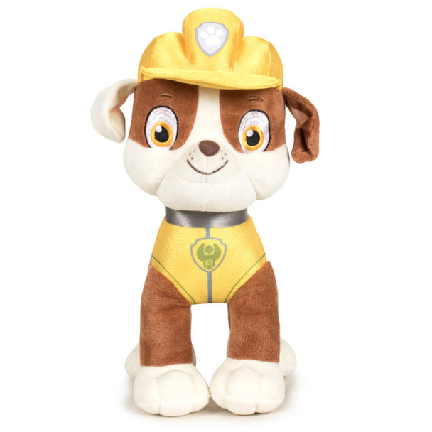Peluche Rubble de la Pat'Patrouille de couleur jaune, mesurant 19cm, présentée sur fond blanc.