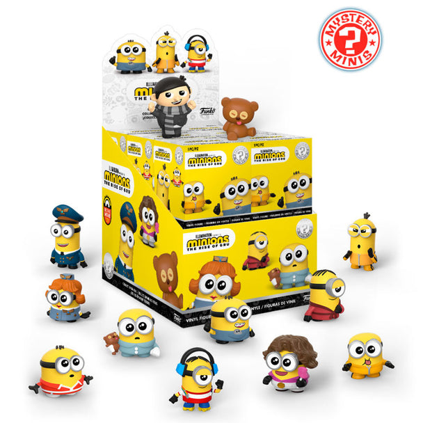 Figurine mystère Minions 2 FUNKO montrant un Minion jaune avec lunettes et salopette bleue sur fond blanc