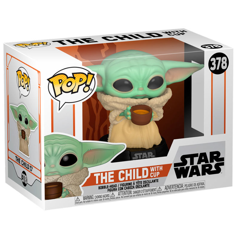 Vue latérale de la figurine Funko POP Star Wars The Child avec sa tasse, exposée dans sa boîte collector.
