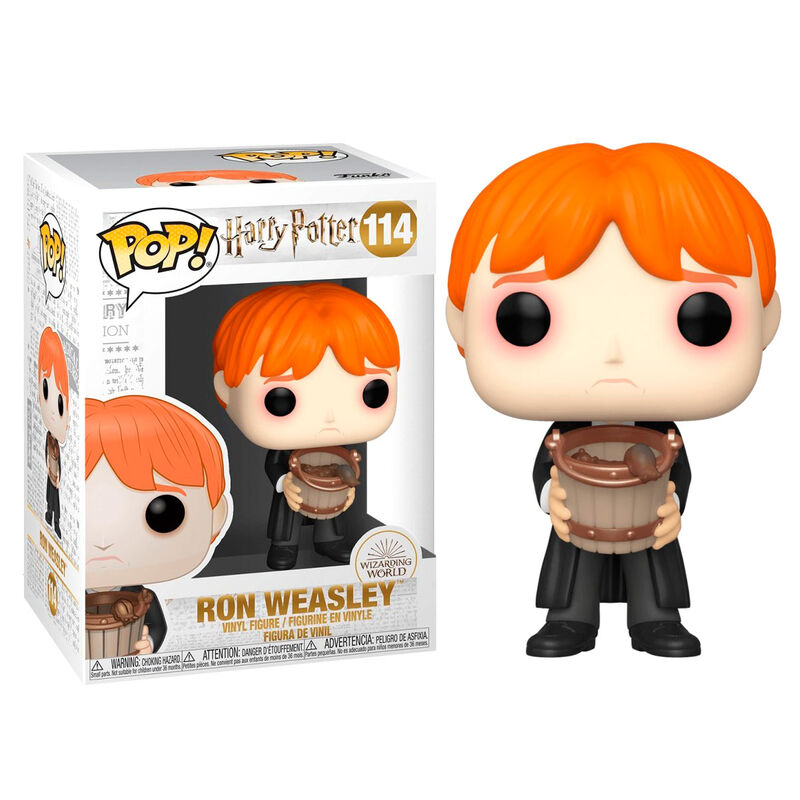 Figurine Funko POP Harry Potter représentant Ron Weasley vomissant des limaces avec un seau, vue avant