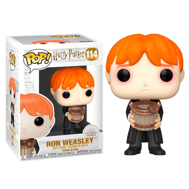 Figurine Funko POP Harry Potter représentant Ron Weasley vomissant des limaces avec un seau, vue avant