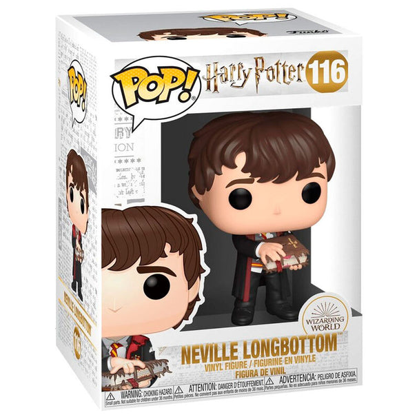 Vue rapprochée de la figurine Funko POP Neville avec le Livre Monstre, détails du visage et accessoires.