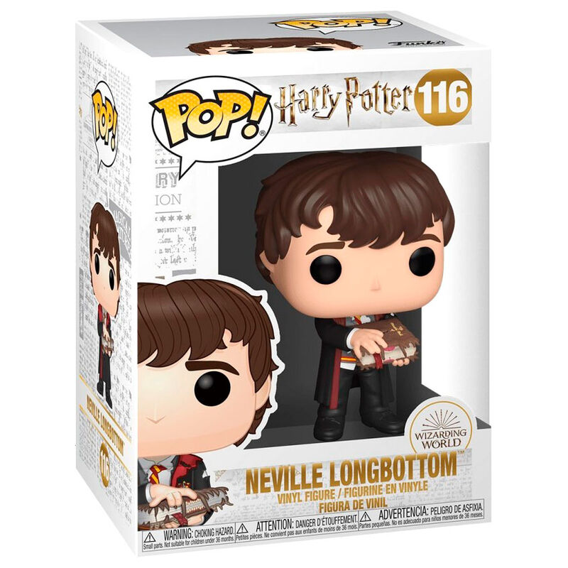 Vue rapprochée de la figurine Funko POP Neville avec le Livre Monstre, détails du visage et accessoires.