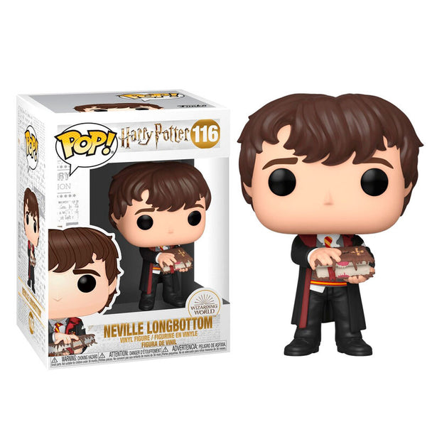 Figurine Funko POP de Neville de Harry Potter tenant le Livre Monstre dans une boîte vitrine.
