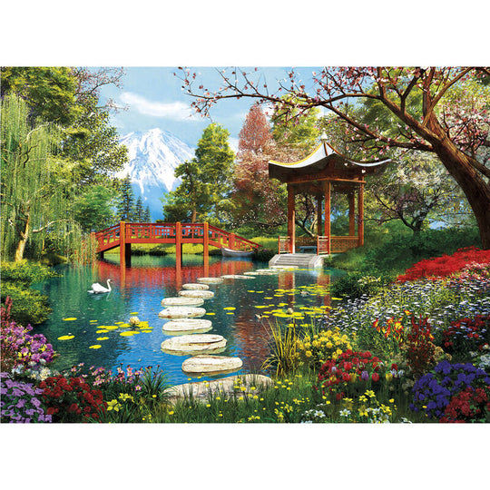 Boîte du puzzle Fuji Garden 500 pièces CLEMENTONI avec illustration colorée et dimensions indiquées