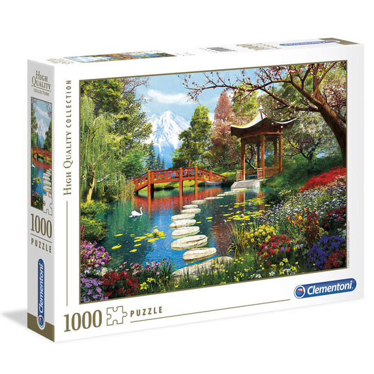 Puzzle Fuji Garden assemblé mesurant 69x50 cm montrant un jardin japonais détaillé et apaisant