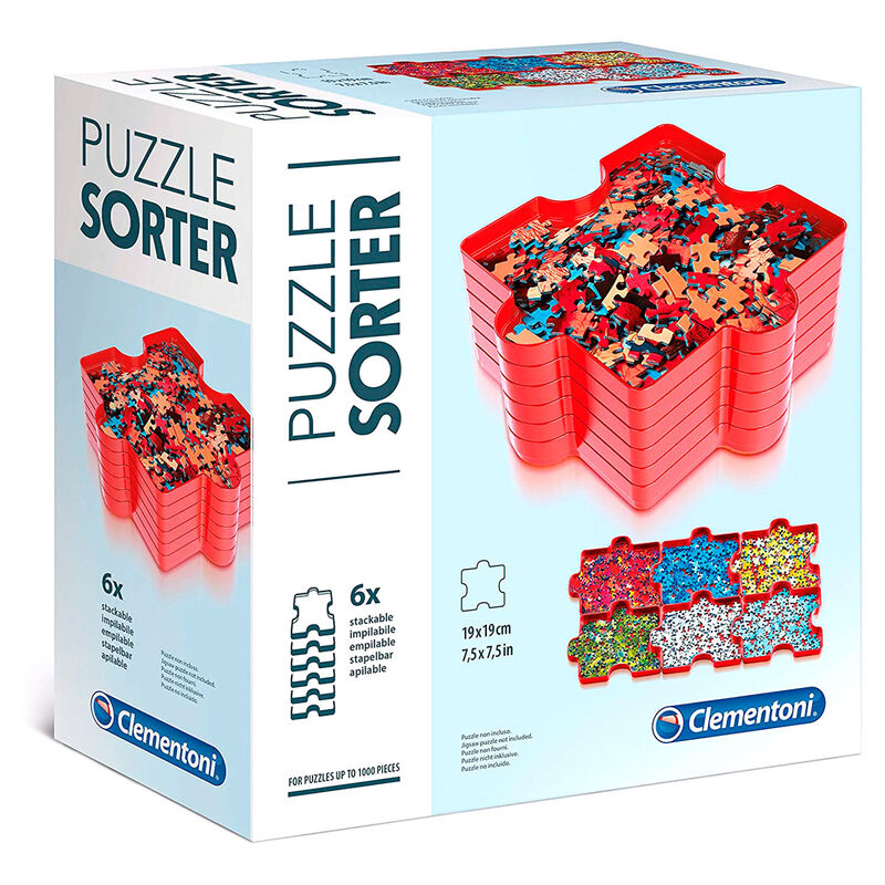 Vue rapprochée du Puzzle Sorter montrant les différentes formes et couleurs des trieurs empilables