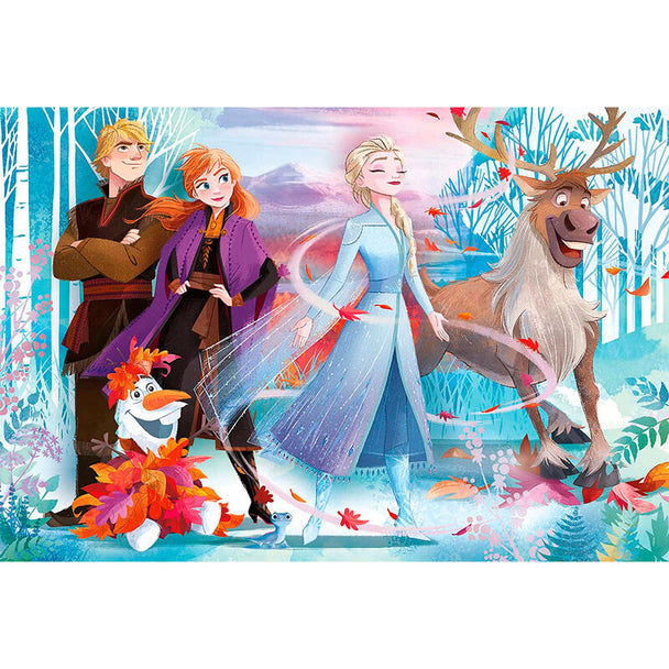 Image du puzzle assemblé Frozen 2 de CLEMENTONI montrant un paysage enneigé et les personnages principaux