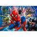 Image du puzzle Marvel Spiderman 60 pièces assemblé montrant Spiderman en action sur fond urbain coloré