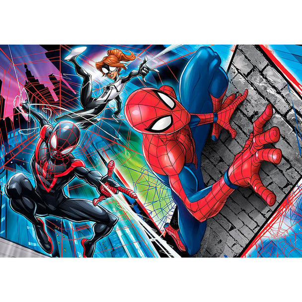 Puzzle Marvel Spiderman maxi 24 pièces assemblé montrant Spiderman en action sur fond urbain coloré