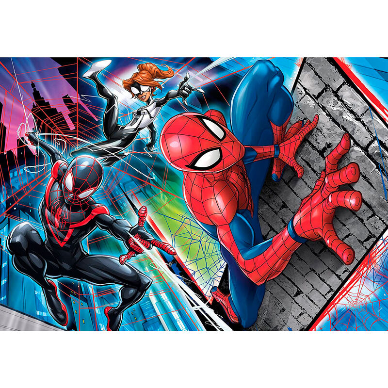 Puzzle Marvel Spiderman maxi 24 pièces assemblé montrant Spiderman en action sur fond urbain coloré
