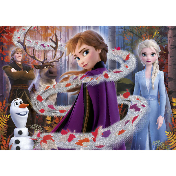Puzzle Disney Frozen 2 avec 104 pièces et effet paillettes présenté assemblé sur fond blanc