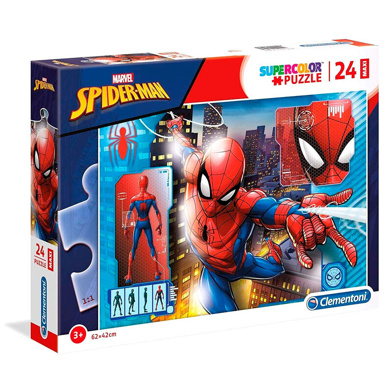 Boîte du puzzle CLEMENTONI Marvel Spiderman maxi 24 pièces montrant l'illustration complète et les dimensions 62x42 cm