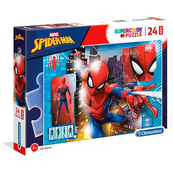 Boîte du puzzle CLEMENTONI Marvel Spiderman maxi 24 pièces montrant l'illustration complète et les dimensions 62x42 cm