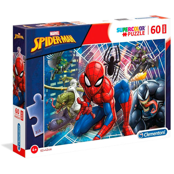 Boîte du puzzle CLEMENTONI Marvel Spiderman 60 pièces avec illustration dynamique et informations produit
