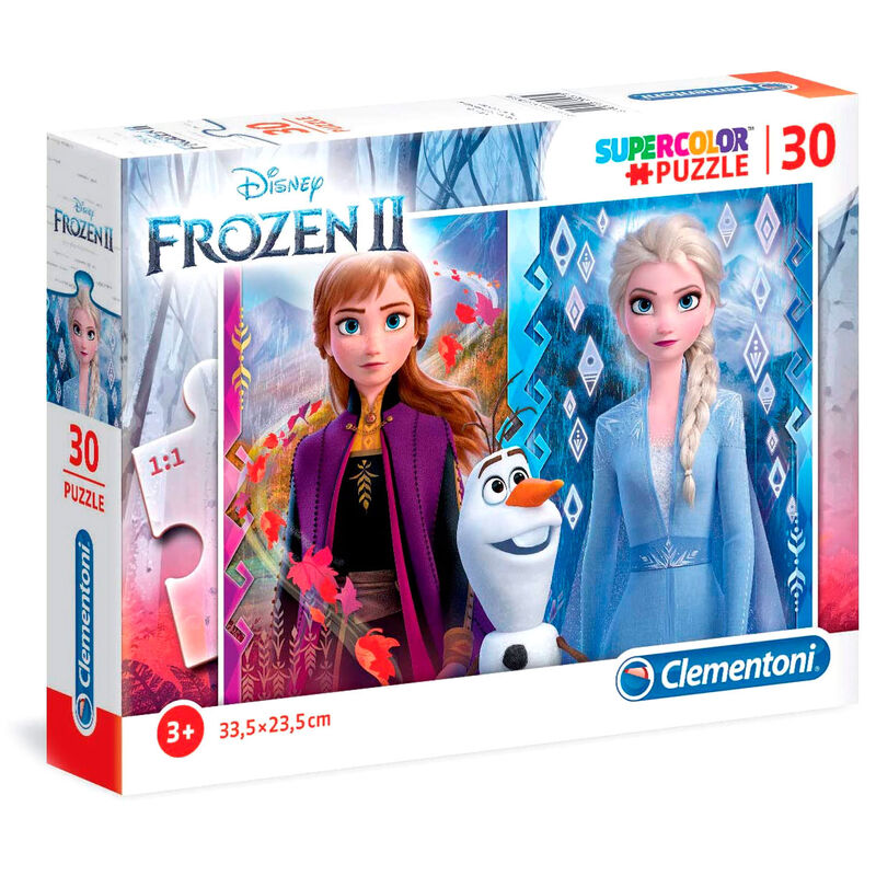 Puzzle assemblé Disney Frozen 2 signé CLEMENTONI, dimensions 33,5x23,5cm, idéal pour enfants.